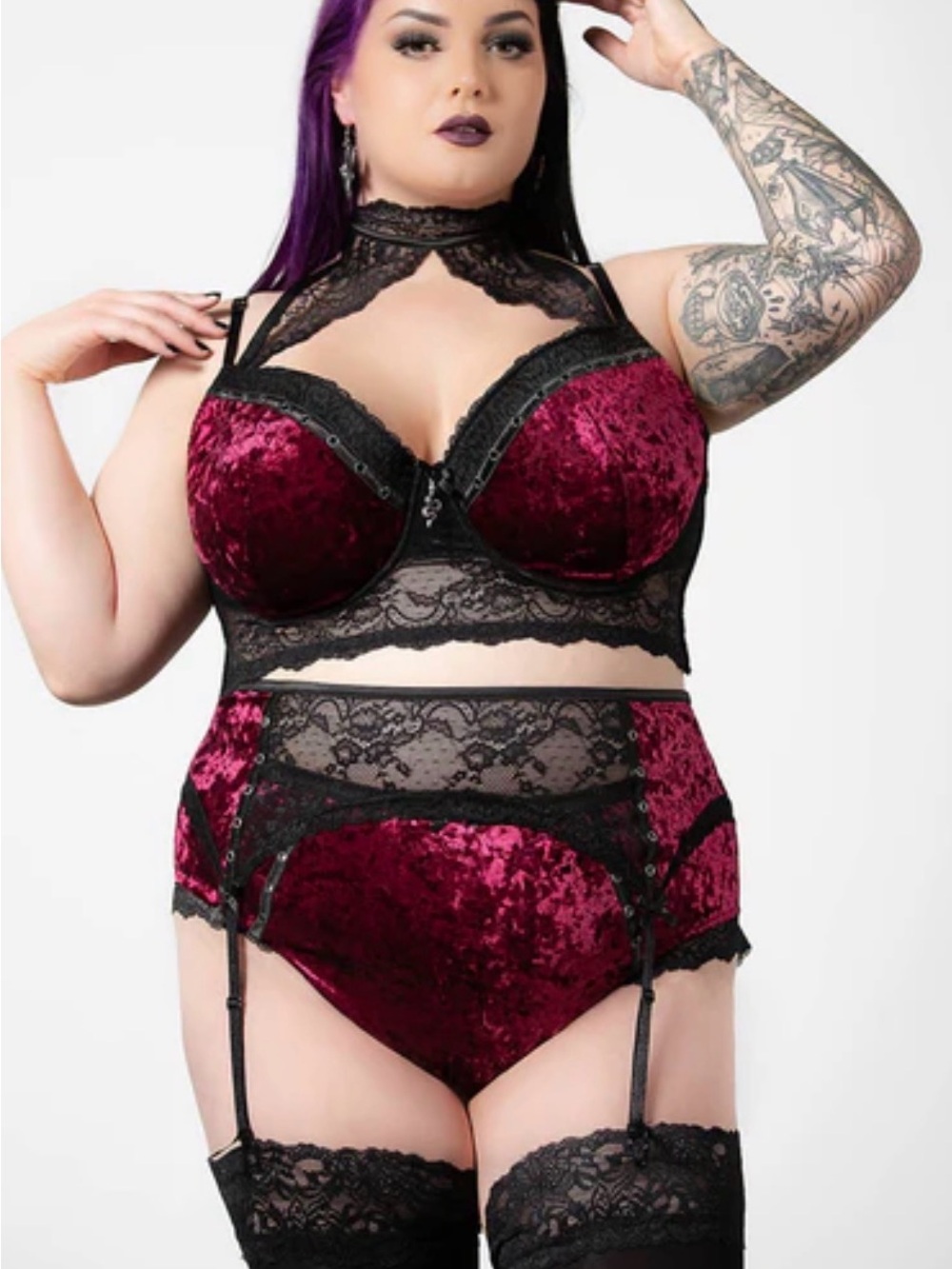 NWT Killstar Mercy Lace Velvet & Lace Underwire Bra - Black & Plum (Blood) - Picture 5 of 5